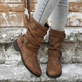 2022 godine, modni jesensko-zimske nove cipele srednje veličine, ženske cipele na ravnim cipelama s okruglim vrhom, ženske Cipele veličine, Moto čizme, osnovne