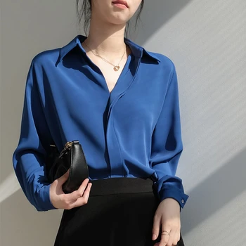 2023 Novi Blue Satin Košulja, Moderan Dizajn Bluzu S V-izrez, Običan Vrhovima, Košulja sa dugim rukavima, Ured za Ženska Bluza, Moderan Odjeća 16884