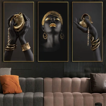Afrička žena Umetničke Slike Na Zidu, Umjetnički Posteri I Grafike Crne Ruke, što drže Zlatni Nakit Platnu Slike Kućni Dekor