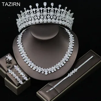 Cirkon Dubai Nakit Setovi Tijara Crown CZ Ogrlica Narukvica Naušnice, Prsten za Žene Vjenčanje College 2023 Najnoviji Haljini dodatna Oprema