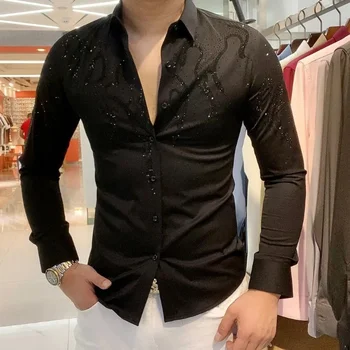 Crna proljeće-jesen muška košulja s dugim rukavima, koreanska verzija Tople majice na zakopčane s dijamantima, Novi havajski muška odjeća