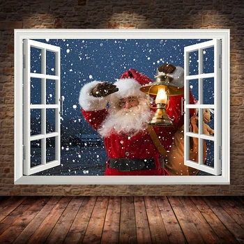 Djed Mraz je 3D Efekt Prozora Božićno Slika na Platnu Kreativnih Plakata i Grafika Zidni Umjetničke Slike za Dnevni boravak Doma Dekor