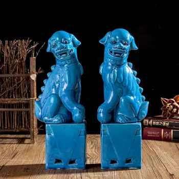 Kineski Цзиндэчжэнь Keramika Porculan Plava Fu Fu Pas Čuvar Lav Kip Par