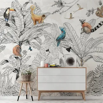 Milofi prilagođene francuski tropske kišne šume desktop sa životinjama i biljkama na red je velika freska dnevni boravak blagovaonica pozadinski zid c