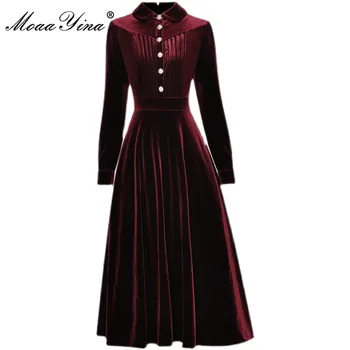 Moderan Dizajn Jesen / zima Crvena Haljina MoaaYina, Donje Однобортное Baršunasto haljinu s odbačenost ovratnikom i dugim rukavima