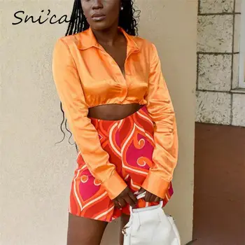 Monotono Narančasta Kratka Seksualna Bluza Moda Proljeće Ljeto S Odbačenost Ovratnikom I Dugim Rukavima Ženske Satin Košulje 2022 Femme Chandails Vrhovima