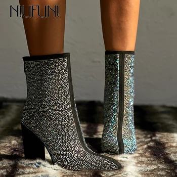 NIUFUNI/velike dimenzije 42; ženske čizme; funky ženske cipele Sa Štrasom; čizme na Debelom Visoku petu s oštrim vrhom; jesenje Botas Mujer