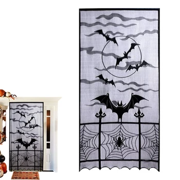 Pauk šišmiš Zavjese Halloween Prozorske Zavjese 40x82 inča Crna Čipka Halloween Abažur Tkanina Dekor za Halloween Večernje Uređenje