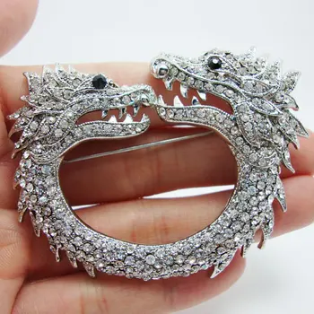 Popularni Srebrna Boja Prozirni Kristal Double Dragon Broš Pin