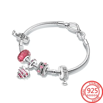 Romantični 925 Sterling Srebra Rotirajući Privjesak Ljubav Pink Ljubav Staklene Perle Narukvica Skup Poklon Djevojci Za Valentinovo