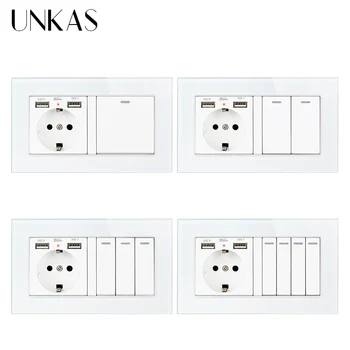 UNKAS EU Standardni Dual USB Port Zidne Utičnice Od Kaljenog Stakla Staklena Ploča Utičnica + 1 2 3 4 Banda 1/2-znamenkasti, prekidač svjetla za Uključivanje /Isključivanje